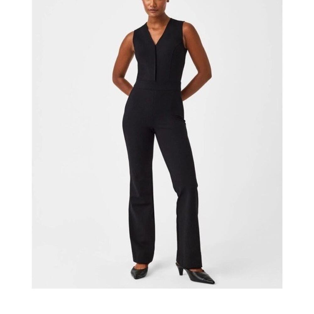 Spanx Women’s Perfect Sleeveless Flared Jumpsuit Sz M‎ Black Wide Leg Stretch